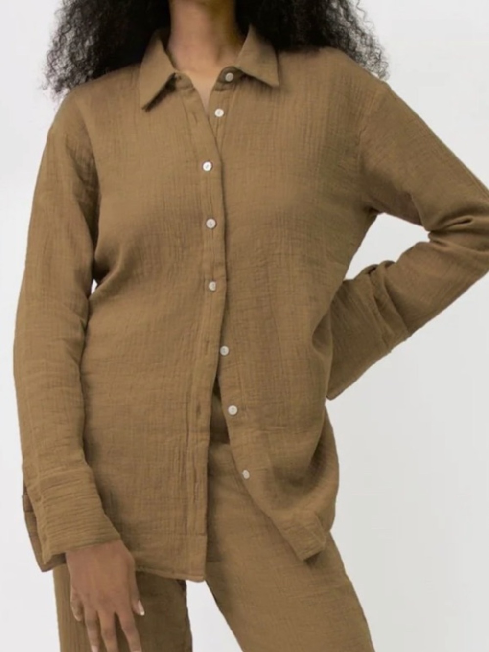 Nineth Closet Tan Button-Front Shirt | Long Sleeve | Size M | Tall Girl Brand